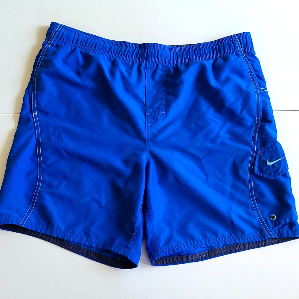 Nike Medium Blue light blue swoosh logo mesh lined pull string waist swim trunks